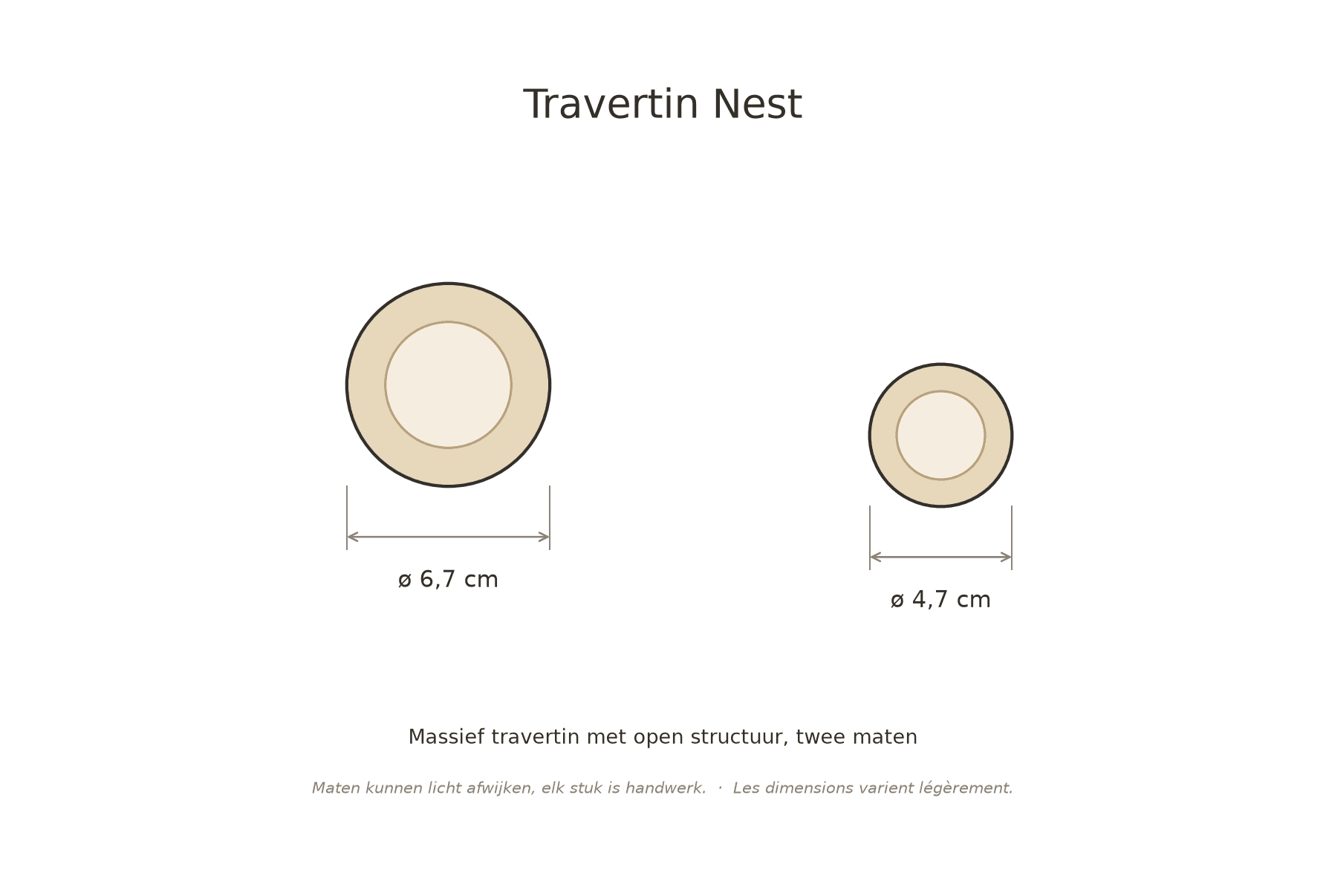 Maatschets van Travertin Nest in twee maten (ø 6,7 en ø 4,7 cm)