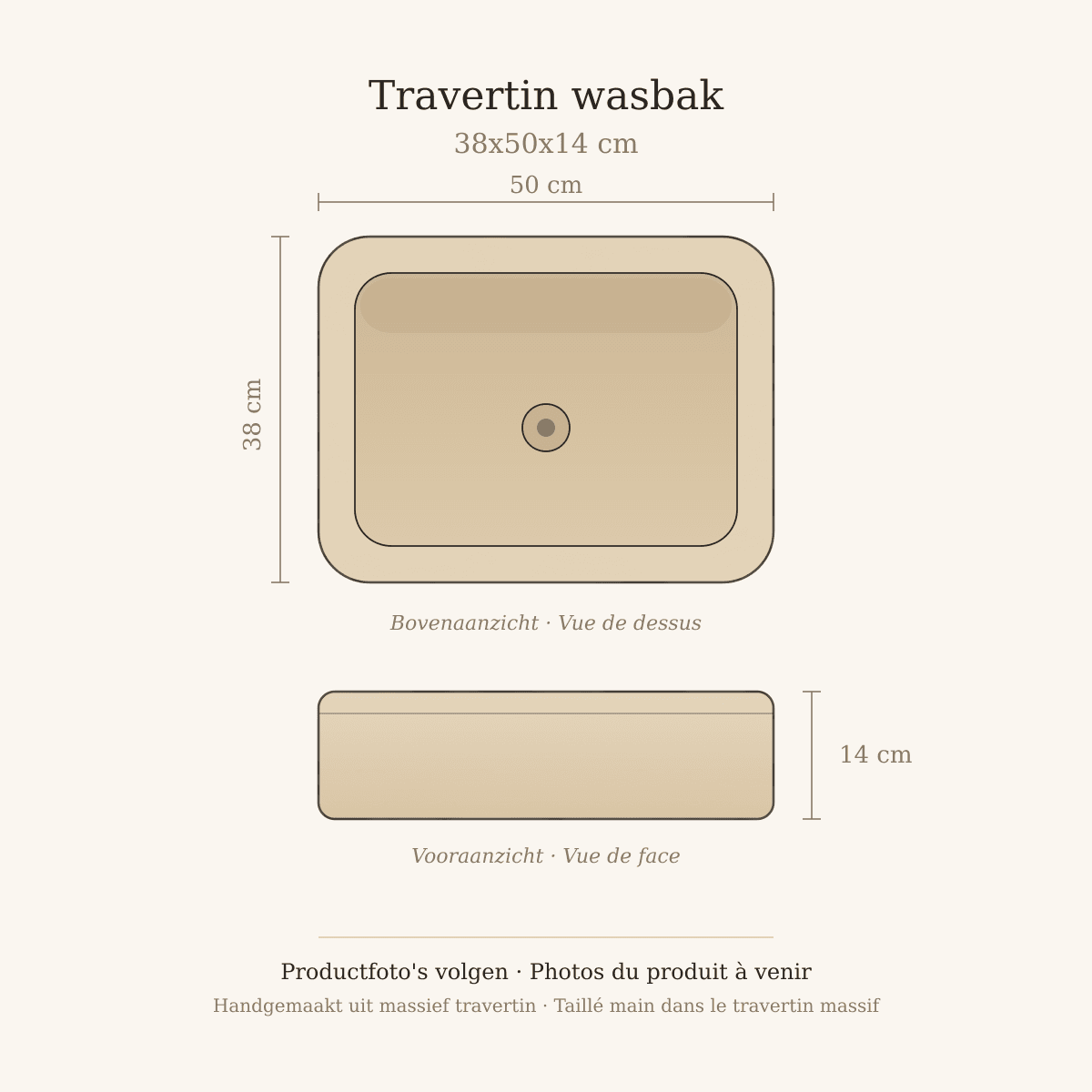 Dessin technique du lavabo en travertin 38x50x14 cm, avec vue de dessus, vue de face et dimensions